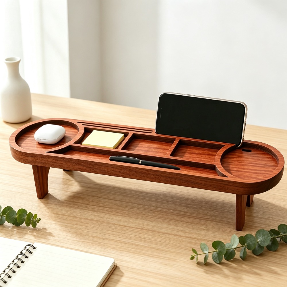 Tech Accessories For Office - Wooden Desk Organizer with Phone Stand